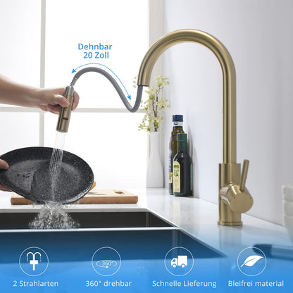 TIMACO Brushed Gold Kitchen Faucet with Pull-Out Sprayer Kitchen Sink Faucet 360° Swivel Mixer Tap for Kitchen Sink Single Handle Faucet for Kitchen Sink Dishwashing Faucet