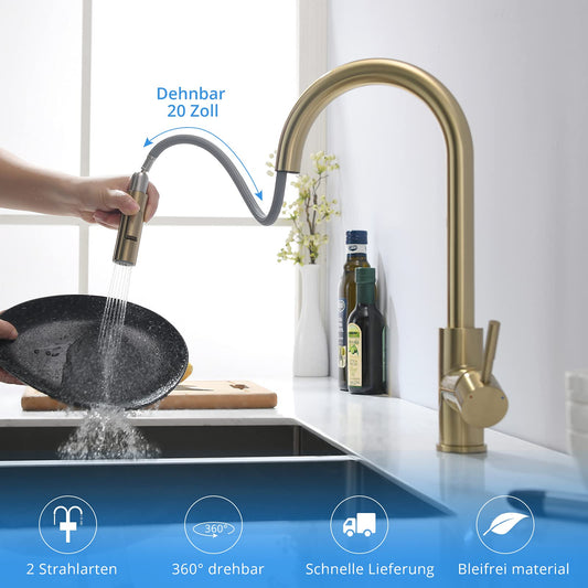 TIMACO Brushed Gold Kitchen Faucet with Pull-Out Sprayer Kitchen Sink Faucet 360° Swivel Mixer Tap for Kitchen Sink Single Handle Faucet for Kitchen Sink Dishwashing Faucet