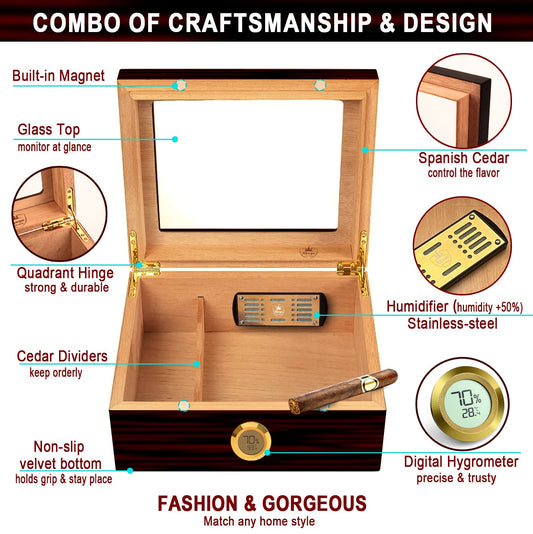 Slege Cigar Humidor, Handmade Humidor with Spanish Cedar, Digital Hygrometer, Humidifier, Divider, Gift for Men (30-50 Cigars)