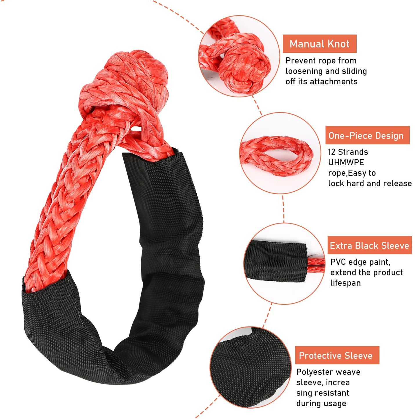 2 pieces of shackles, Professional Soft Shackle with 35,000 pounds breaking strength Soft Off-Road Shackle Rope for Truck ATV-Lock vehicles towing (Red)