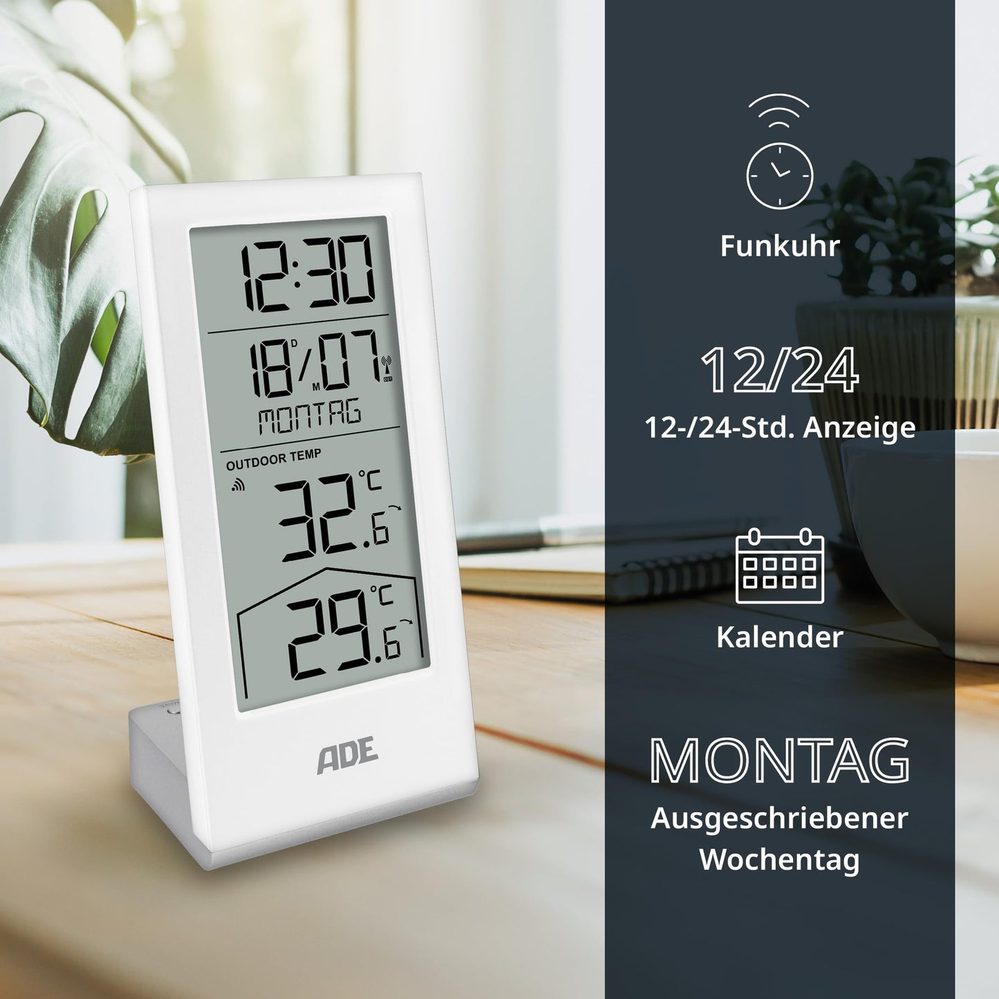 ADE digital radio controlled clock with temperature display and outdoor sensor | Thermometer for indoor and outdoor temperature | Trend indication | table clock with date and day of the week | including batteries | white