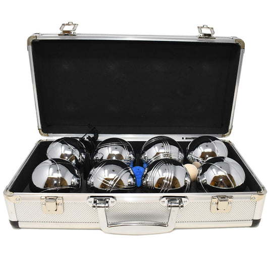 Big Game Hunters Premium 8 Ball Boules/Petanque Set for 4 players with rust protection in a high-quality metal box.