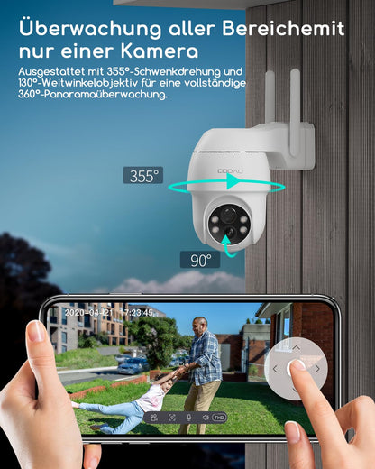 COOAU 2K outdoor battery-powered security camera, 355°/90° rotatable, wireless WLAN IP camera with color night vision, person/motion detection, IP66 waterproof, cloud storage.
