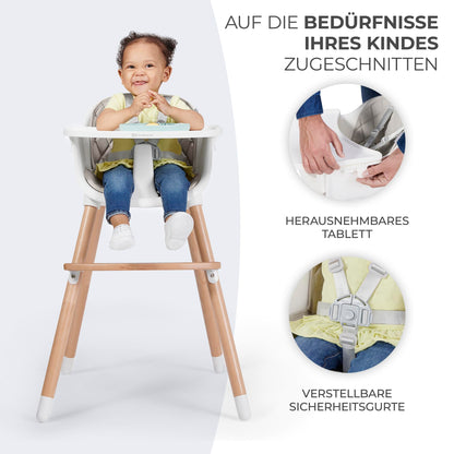 Children's high chair SIENNA 2 in 1, toddler high chair, baby chair, combination high chair, wooden legs, 5-point harness, footrest, removable tray, non-slip chair leg caps, for ages 6 months to 4 years, gray.