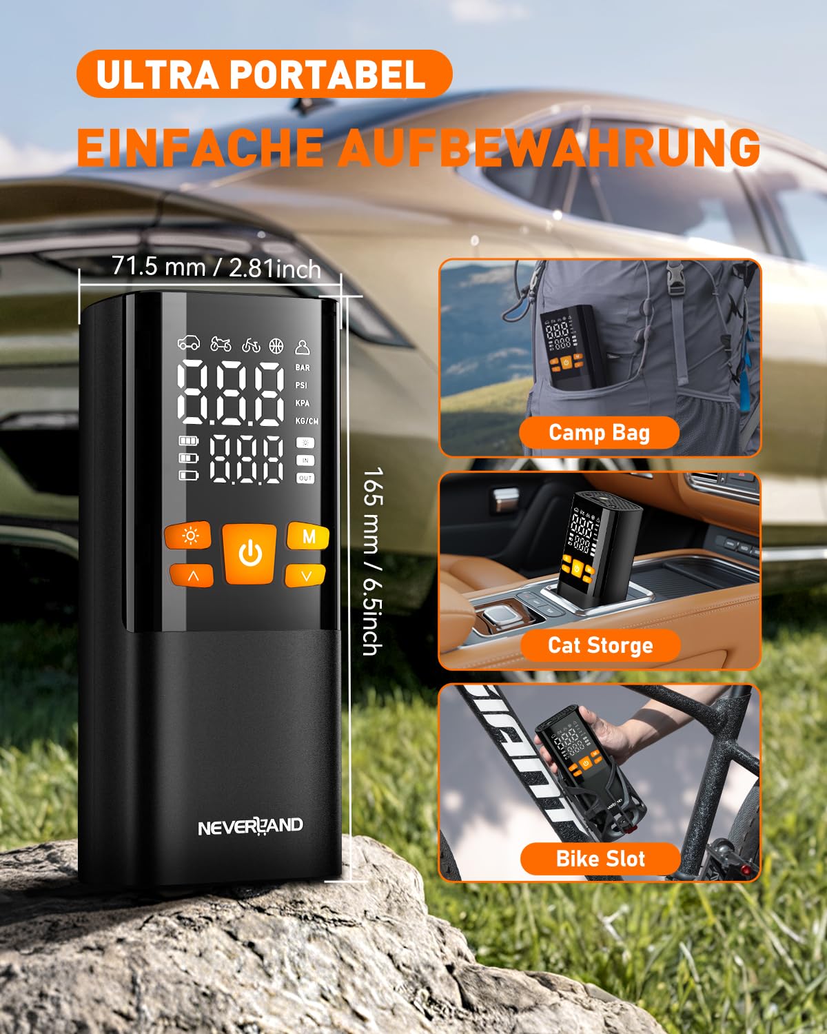 NEVERLAND Electric Air Pump - 150 PSI 16000mAh Portable Mini Air Pump for Car, Motorcycle, Bicycle & Balls, with Gauge, LED Flashlight, Powerbank Function.