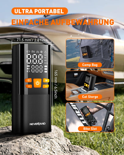NEVERLAND Electric Air Pump - 150 PSI 16000mAh Portable Mini Air Pump for Car, Motorcycle, Bicycle & Balls, with Gauge, LED Flashlight, Powerbank Function.