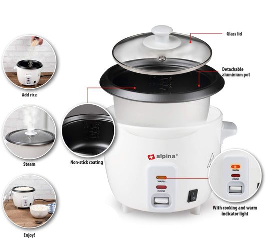 Alpina Rice Cooker - 0.6 liter - 300 watts - With cooking and keep warm indicator light - White