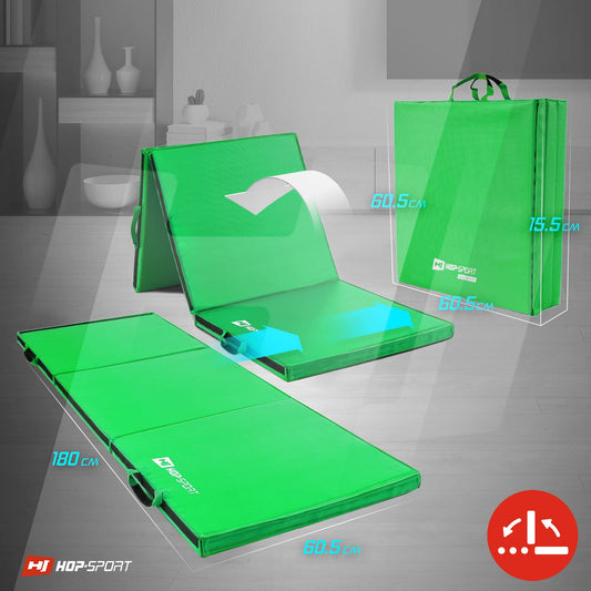 Hop-Sport folding gymnastics mat - ground cushion for home 180x60x5cm - fitness mat, gymnastics mat with carrying handles and Velcro closure thickness 4cm / 5cm (green)