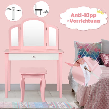 GOPLUS 2 in 1 Kids Vanity/Desk, Vanity Table & Chair, Makeup Table with Removable Triple Mirror & Drawer, Padded Stool, made of wood, in country style, for children's room (Pink)