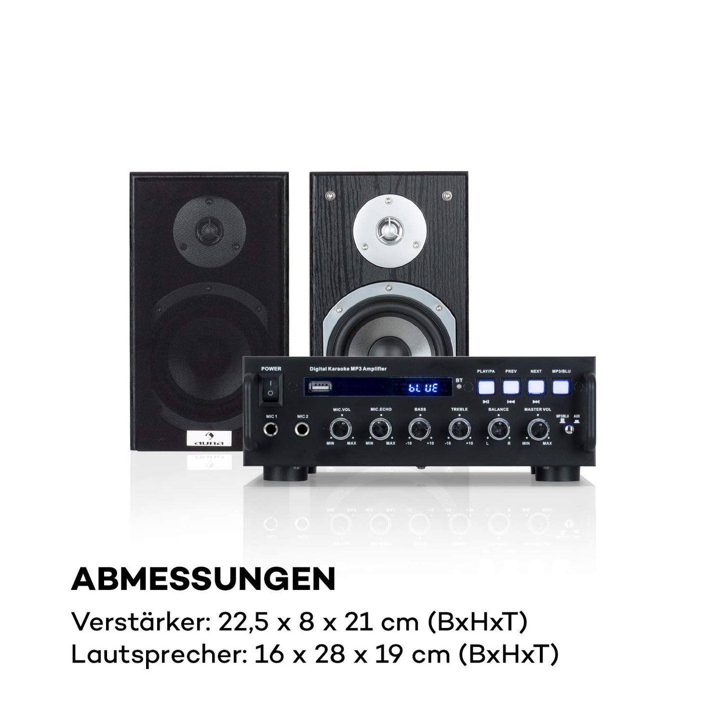 auna Karaoke Star 3 Karaoke Set - Karaoke system, 2 x 75 W max, Bluetooth, USB, Line-In, includes microphones and speaker cables, black.