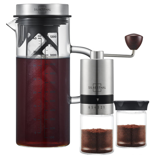 SILBERTHAL manual coffee grinder and Cold Brew Coffee Maker - pleasure set for coffee lovers in the summer.