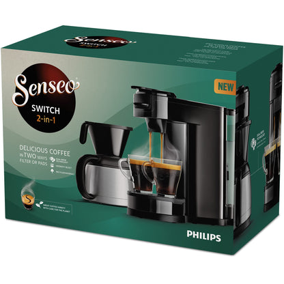 Philips Senseo Switch Pad and Filter Coffee Machine, 2-in-1 brewing technology, 1-liter water tank, 7 cups in one go, piano black (HD6592/64)