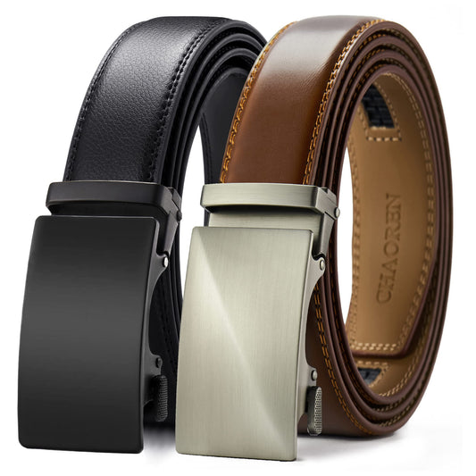 CHAOREN Automatic Belts for Men 2 Pieces, Ratchet Automatic Buckle Leather Belts for Men Adjustable 35mm Wide with Gift Box