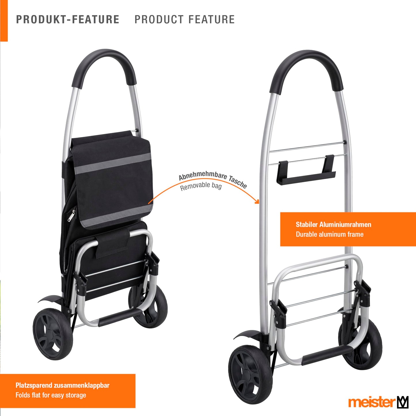 Master Shopping Trolley Black, 54 + 5 L - Foldable shopping cart with large wheels & cooler compartment - Detachable, waterproof bag - With hook for shopping cart