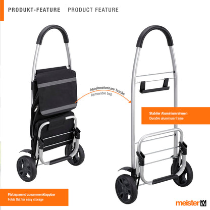 Master Shopping Trolley Black, 54 + 5 L - Foldable shopping cart with large wheels & cooler compartment - Detachable, waterproof bag - With hook for shopping cart