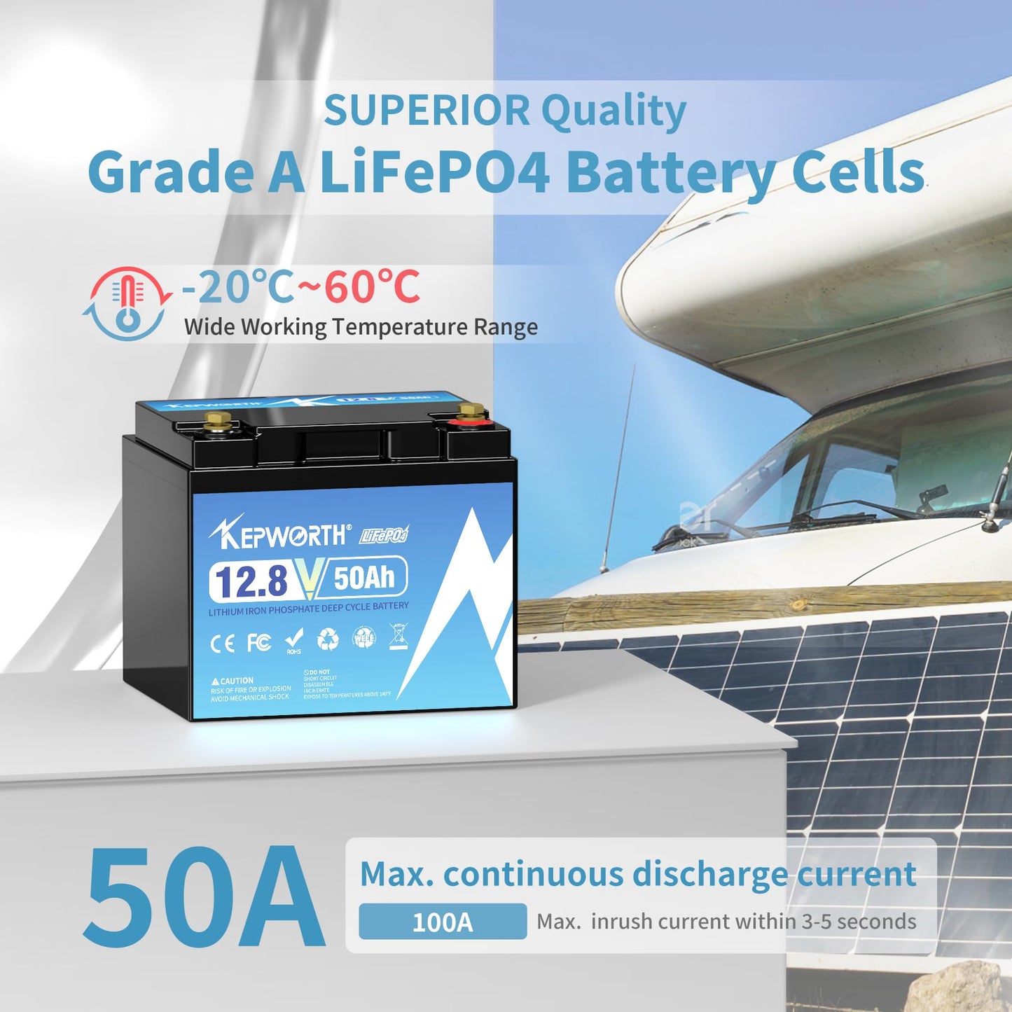 KEPWORTH LiFePO4 50Ah 12V battery, lithium ion battery with 50A BMS, max. 15000 cycles, perfect replacement for lead-acid for RVs, solar systems, boats, solar panel kits, camping.