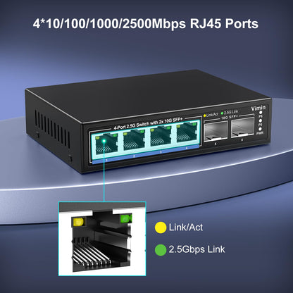 6 Port 2.5G Unmanaged Network Switch, VIMIN 4X 2.5Gbase-T Ports, 2X 10G SFP+ Port, 60Gbps Switching Capacity, IEEE802.3, Metal Housing, Fanless, suitable for 2.5Gbps NAS, Wireless AP & PC.
