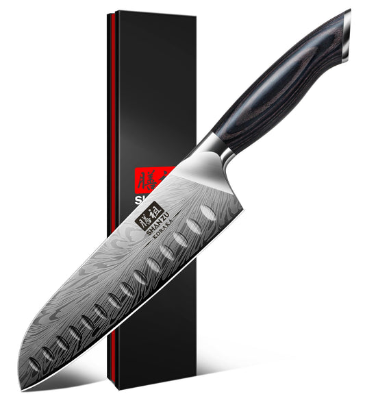SHAN ZU Kitchen Knife made of powdered steel, Japanese Santoku Knife, 18 cm Professional Chef Knife with high carbon content, Sharp Kitchen Knife with ergonomic Pakkawood handle.