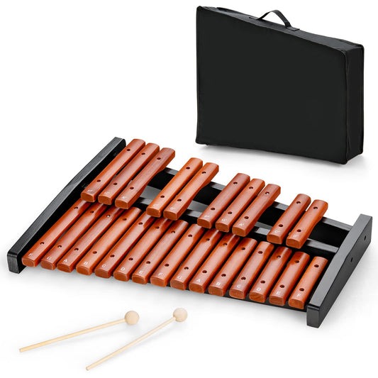 COSTWAY 25 Note Xylophone Glockenspiel, wooden musical instrument, comes with 2 mallets & carrying bag. Suitable for both kids and adults, in brown and black.