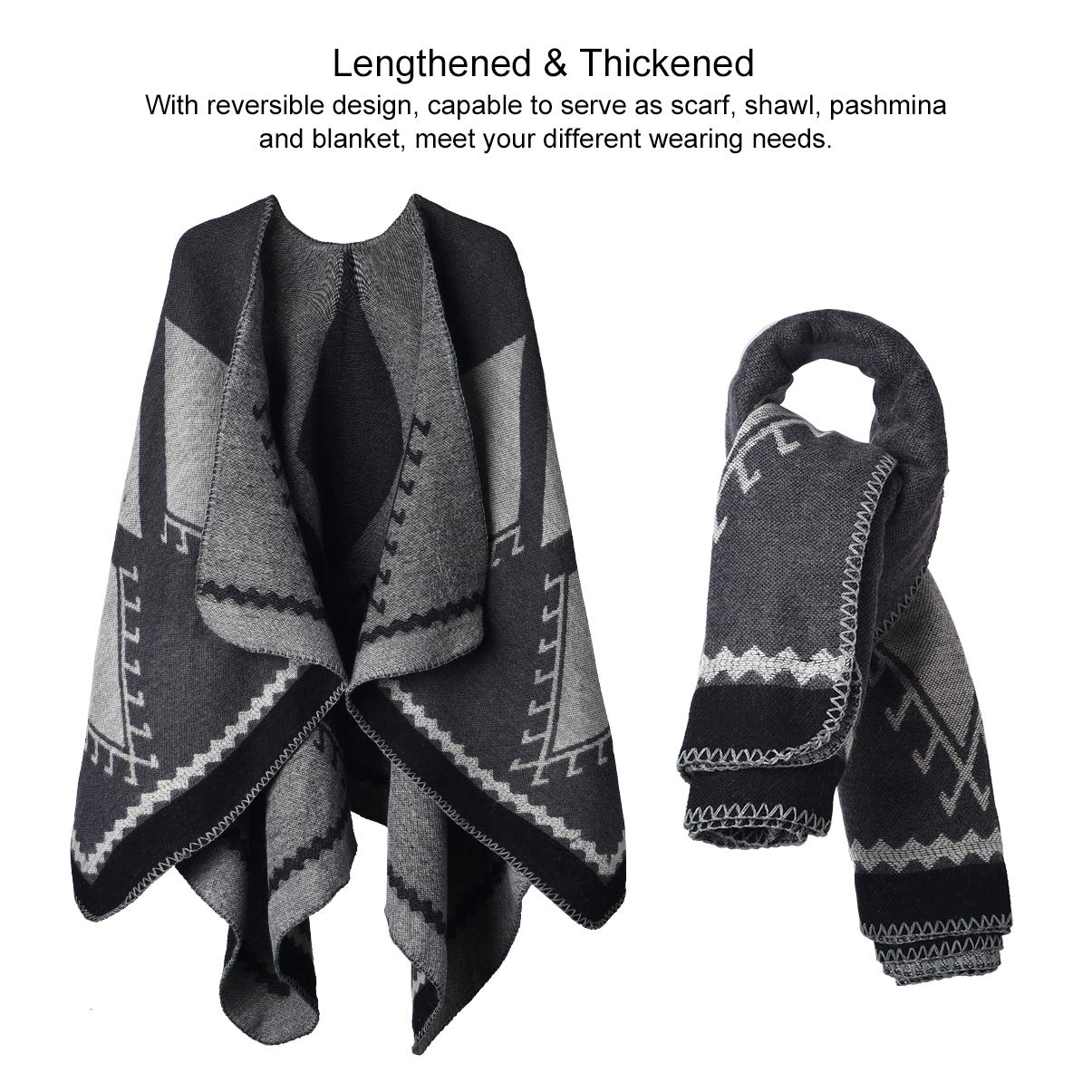 Winter Warm Poncho Scarf Wrap - Autumn Open Front Cape Windproof Knit Wool Coat Blanket Cap-Scarf Oversized Winter Blanket Reversible Thick Cardigan Coat for Women Girls Festive Gifts