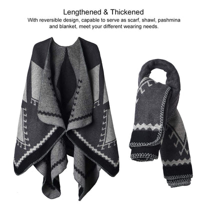 Winter Warm Poncho Scarf Wrap - Autumn Open Front Cape Windproof Knit Wool Coat Blanket Cap-Scarf Oversized Winter Blanket Reversible Thick Cardigan Coat for Women Girls Festive Gifts