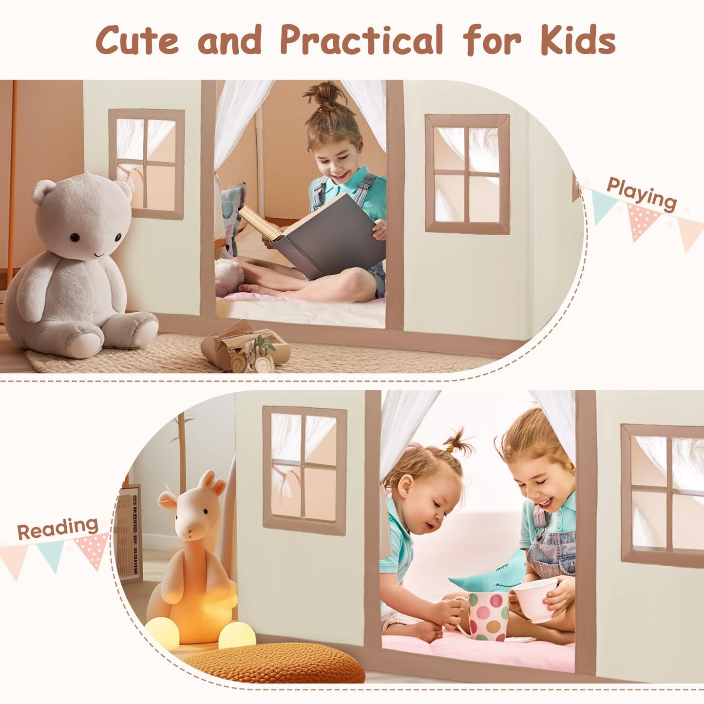 Rouwthio Kids Play Tent Play House Tent for kids for play and relaxation. Foldable kids indoor/outdoor tent with small windows, door curtains, and mat.