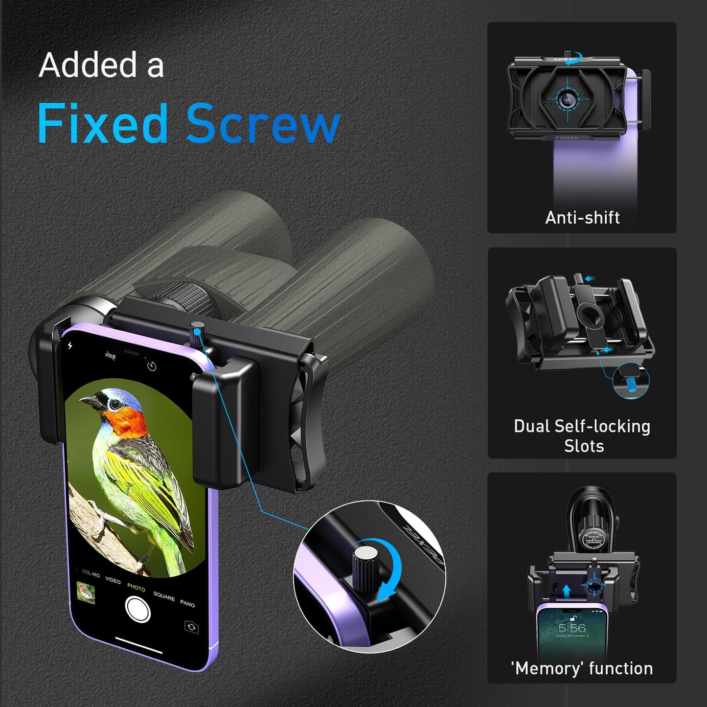 APEXEL Universal Phone Adapter with remote shutter update, 360° rotation Compatible with binoculars, monoculars, and microscopes, telescope adapter for all smartphones.