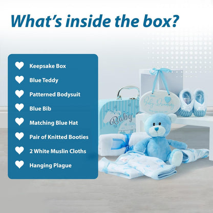 Baby Box Shop Baby Shower Boy Gift - 9 Piece Baby Gift Set, Newborn Boy, Baby Gift Set - Gift Basket Set - Blue