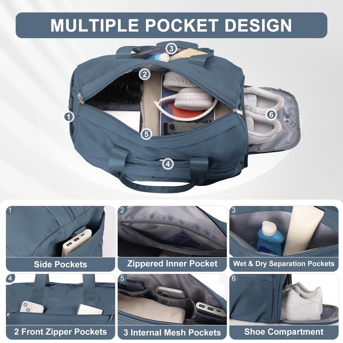 HYC00 Sport Duffel Bag Women's Gym Bag with Shoe Compartment, Travel Bag, Weekender, Carry-on Bag for Plane, Fitness Bag, Swim Bag, Training Bag, Overnight Bag, Royal Blue.