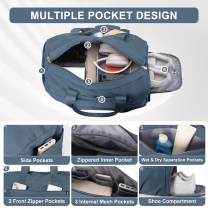 HYC00 Sport Duffel Bag Women's Gym Bag with Shoe Compartment, Travel Bag, Weekender, Carry-on Bag for Plane, Fitness Bag, Swim Bag, Training Bag, Overnight Bag, Royal Blue.