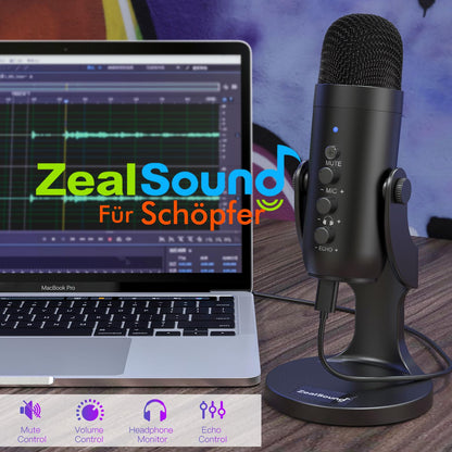 ZealSound USB Microphone, Plug & Play Condenser Mic for PC/iPhone/phone with Noise Cancellation & Mute - for Podcasts, Streamers, Gamers, YouTube, ASMR on Mac Windows PS5 - incl. USB-C & Lightning Adapter