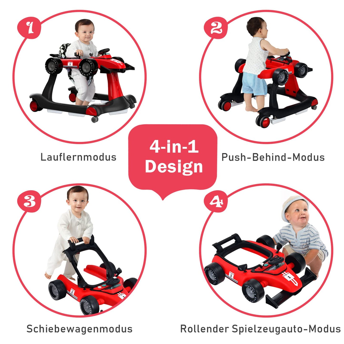 COSTWAY 4 in 1 baby walker, foldable with adjustable height & speed, car-shaped with music box, lights & wheels, baby walker for up to 6 months old babies, can support up to 12kg (Red)
