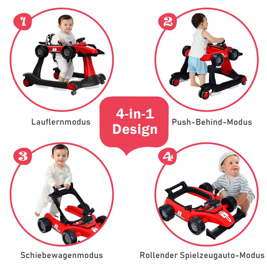 COSTWAY 4 in 1 baby walker, foldable with adjustable height & speed, car-shaped with music box, lights & wheels, baby walker for up to 6 months old babies, can support up to 12kg (Red)