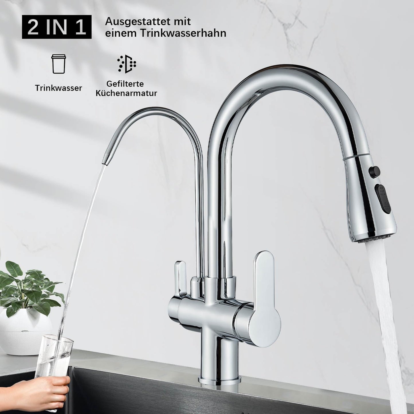 Onyzpily Kitchen Faucet Chrome High Pressure Kitchen Faucet with Pull-Out Sprayer, Pure Water Mixer Tap Sink Faucet 360° Swivel 2 Spray Functions High Arc Stainless Steel