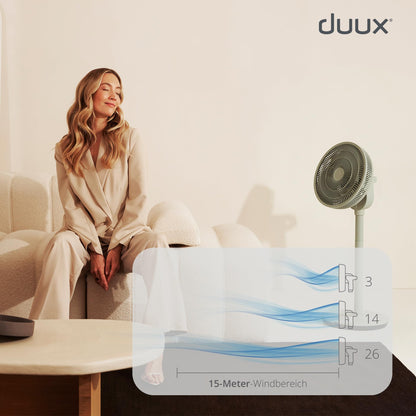 Duux Whisper Flex Smart Stand Fan - Remote & Smartphone Control - Height Adjustable 51-88cm - Quiet Fan with Night Mode and Timer - Energy Efficient 2W, Battery-free - Sage
