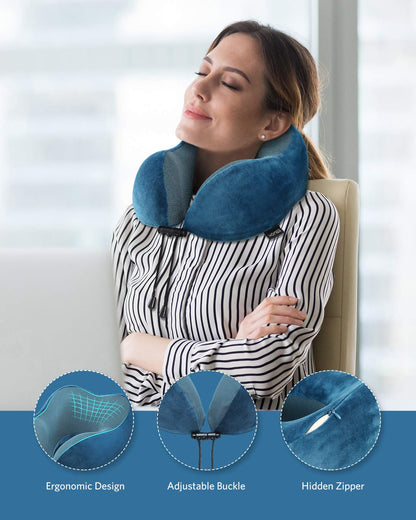 HOMIEE Travel Neck Pillow, Orthopedic Memory Foam Neck Pillow for Sleeping, Ergonomic Neck Support Pillow made with the Best Memory Foam for optimal comfort.