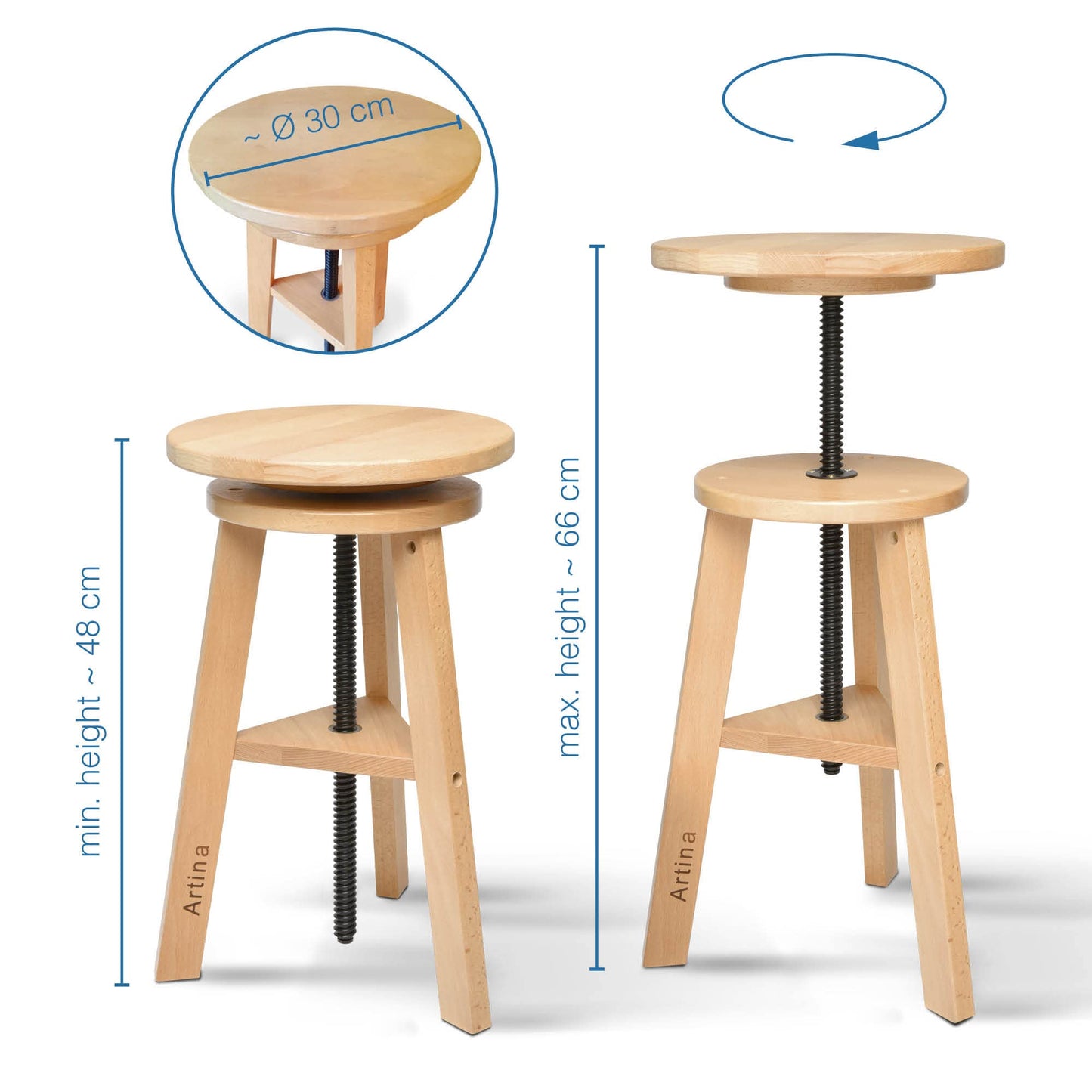 Artina Artist Stool Arles Ø 30 cm Seat Swivel Stool Wood Adjustable Height 48-66cm - Artist Stool round 360 degrees swivel & sturdy, Beech Wood, Artist Swivel Chair & Workshop Stool