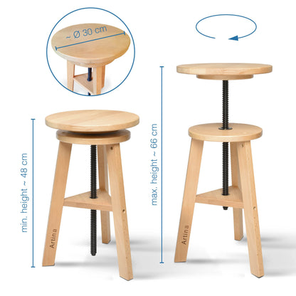 Artina Artist Stool Arles Ø 30 cm Seat Swivel Stool Wood Adjustable Height 48-66cm - Artist Stool round 360 degrees swivel & sturdy, Beech Wood, Artist Swivel Chair & Workshop Stool