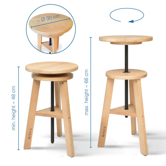 Artina Artist Stool Arles Ø 30 cm Seat Swivel Stool Wood Adjustable Height 48-66cm - Artist Stool round 360 degrees swivel & sturdy, Beech Wood, Artist Swivel Chair & Workshop Stool