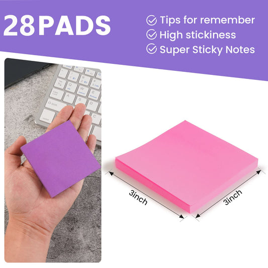 28 pack colorful sticky notes, self-adhesive sticky notes 76 x 76 mm, bright sticky notes colorful square sticky notes for office home school meeting, 72 sheets/block.