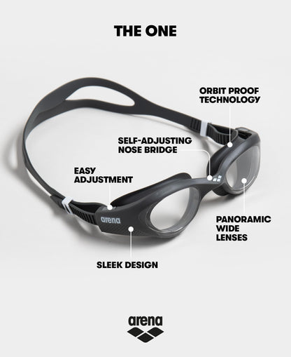 ARENA The One unisex adult swim goggles with large lenses, anti-fog and UV protection, self-adjusting nose bridge, orbit-proof seals.