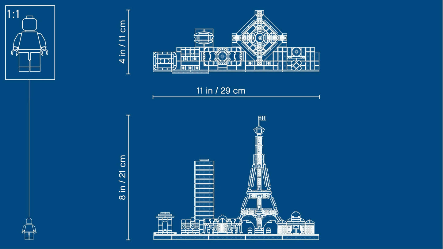 LEGO Architecture Paris, model kit featuring Eiffel Tower, Champs-Élysées, and Louvre model. Skyline collection for home or office decor. Great gift idea for collectors, men, and women. Item number 21044.