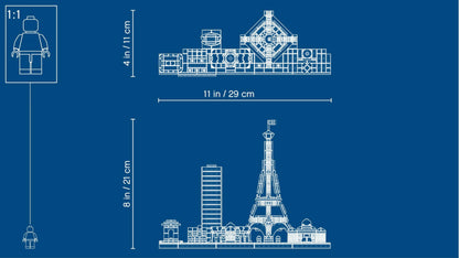 LEGO Architecture Paris, model kit featuring Eiffel Tower, Champs-Élysées, and Louvre model. Skyline collection for home or office decor. Great gift idea for collectors, men, and women. Item number 21044.