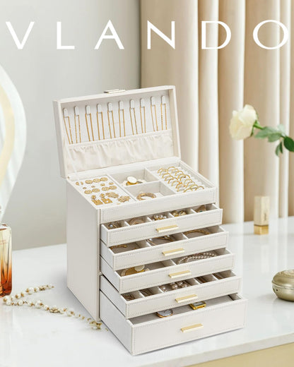 Vlando Modern Jewelry Box Large, Jewelry Storage with 6 Levels, Jewelry Box for Women, for Earrings, Rings Jewelry Storage, with Drawers, Mirror, Watch Pillow, Gift for Women