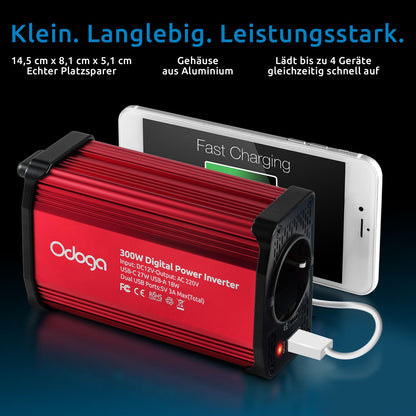 Odoga inverter 12V to 230V - 300W power converter with 3A USB-C and USB-A ports, inverter 12V 220V for car socket, charge your laptop, iPad, iPhone, tablet, and more.