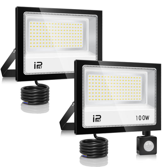 YZYFACAI 100W LED Floodlight with Motion Sensor Outdoor 2Pcs, Super Bright 10000LM LED Spotlight, 7000K Daylight White Spotlight, IP67 Waterproof Outdoor Floodlights, for backyard, courtyards, driveway, garage, hallway.