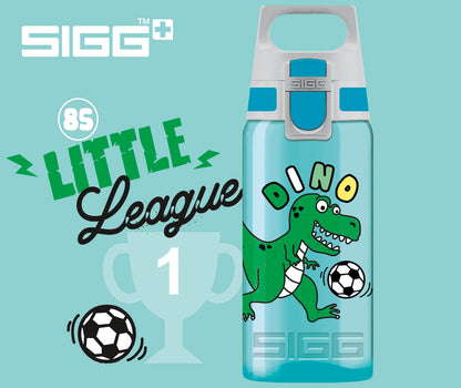 SIGG - Kids Water Bottle - Viva One Football Dino - Suitable for Carbonated Drinks - Leakproof - Dishwasher Safe - BPA-Free - Sports & School - Blue with Soccer Dinosaur - 0.5L