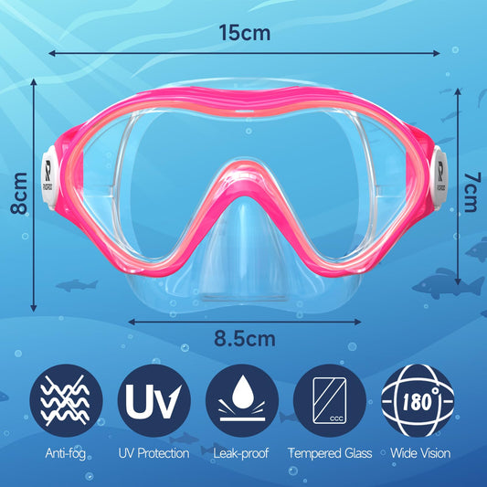RIOROO Kids Diving Mask, Snorkel Set for Boys Girls, Kids Swim Goggles with Nose Cover Anti-Fog Anti-Leak Diving Mask 180° Panoramic HD Swim Mask for 4-14 Years