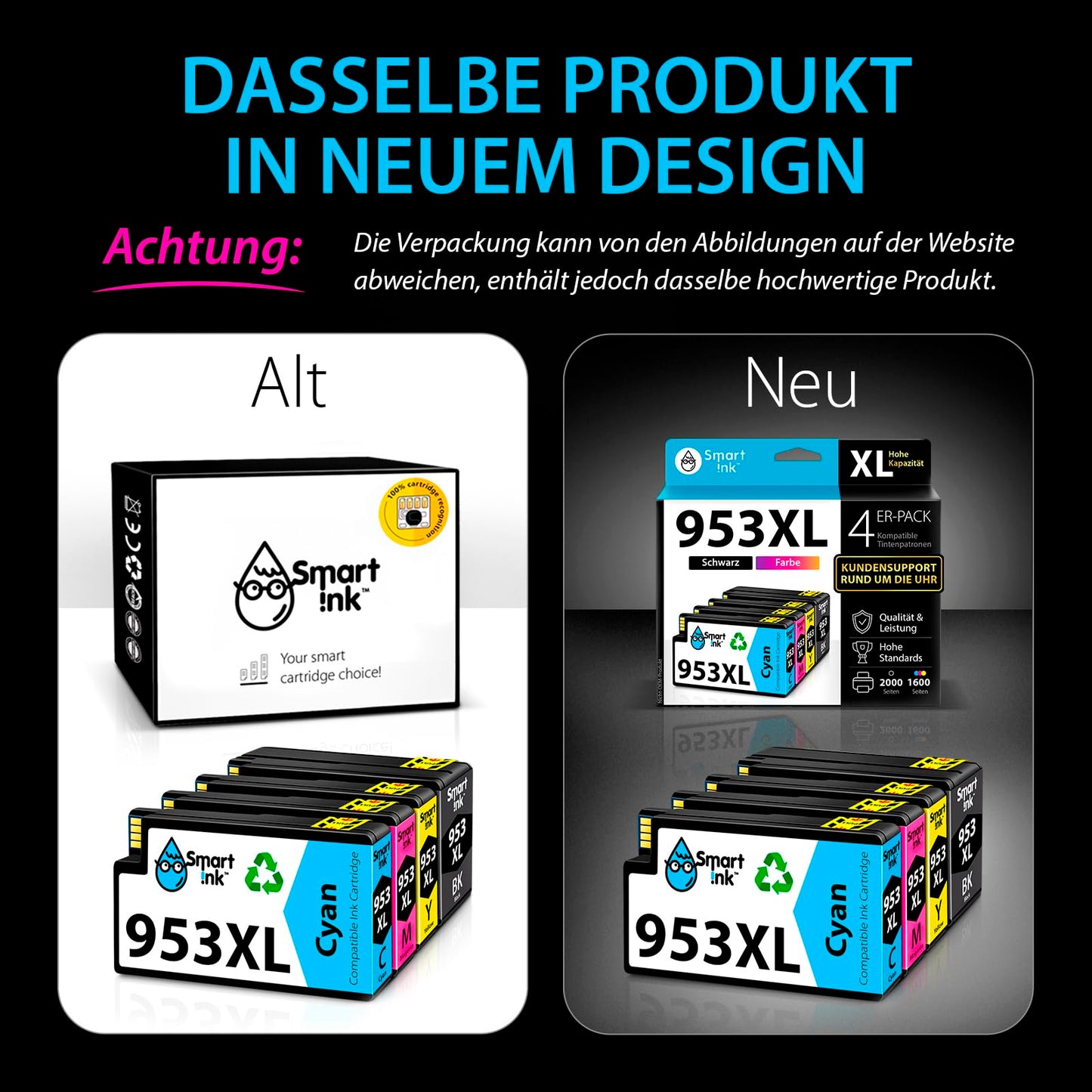 Smart Ink compatible printer cartridges as a replacement for HP 953XL Multipack 953 XL (Black XL & Blue Red Yellow) with Advanced Chip Technology for Officejet Pro 7720 7730 7740 8210 8218 8710 8715 8718 8720.