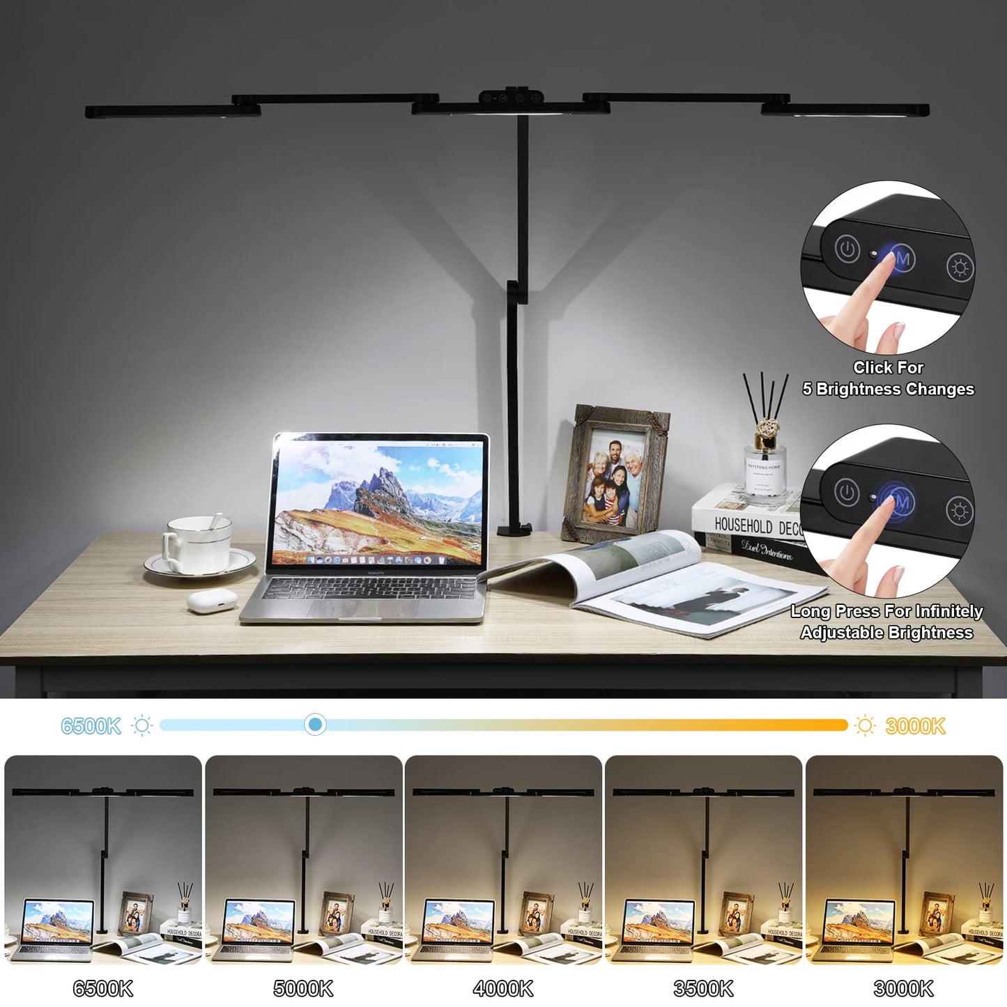 Lightess LED Desk Lamp Dimmable 105cm 24W Clip-on Double Head Desk Lamp Touch Table Lamp Monitor Light 5 Color Temperature Brightness Levels Daylight Lamp for Architects Home Office